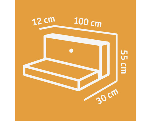 Zeichnung eines Wandklapptisches mit Maßangaben: 12 cm tief, 100 cm breit und 55 cm hoch, Tischplatte 30 cm tief.