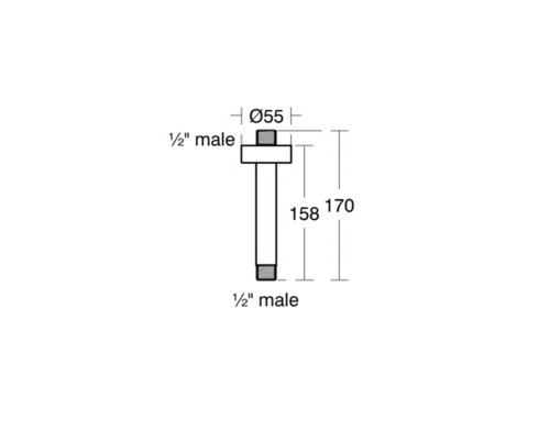 Technische Zeichnung eines Anschlussstücks mit den Maßen 55 mm Durchmesser und 170 mm Länge