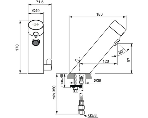 Technische Zeichnung eines Wasserhahns mit Bemaßung.