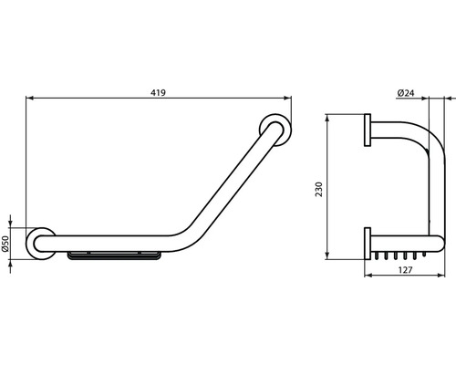 Technische Zeichnung einer Haltegriffkombination mit Maßen