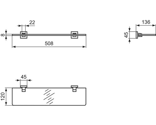 Technische Zeichnung einer Glasablage mit Maßangaben