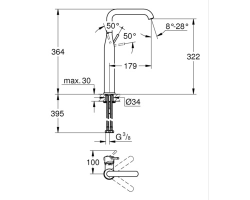 Maßzeichnung einer Armatur mit Höhen-, Breiten- und Winkelangaben