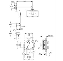 Technische Zeichnung eines Duschsystems mit Kopfbrause, Handbrause und Thermostat inklusive Maßen.