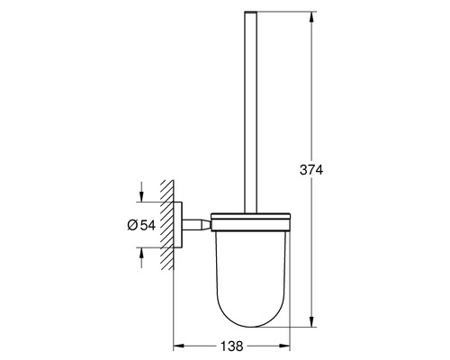 Technische Zeichnung einer Toilettenbürste mit Wandhalterung und Maßangaben.
