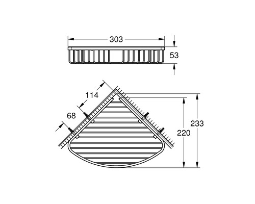 Technische Zeichnung einer Duschablage mit Maßangaben