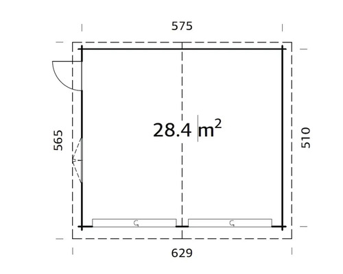 Grundriss eines Gartenhauses mit Abmessungen und einer Fläche von 28.4 Quadratmetern.
