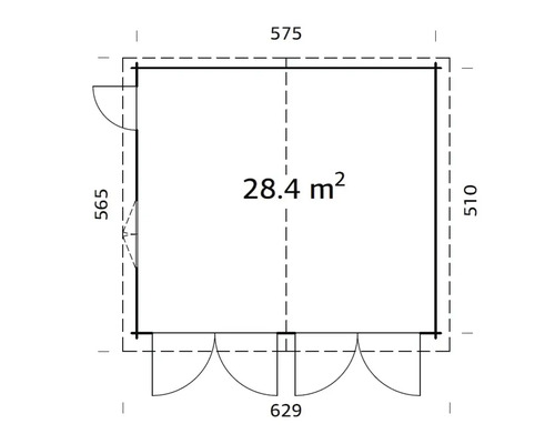 Grundriss eines Gartenhauses mit den Maßen 575 x 510 x 629 cm und einer Fläche von 28.4 m²