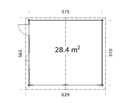 Grundriss eines Gartenhauses mit Maßangaben und einer Fläche von 28,4 Quadratmetern.