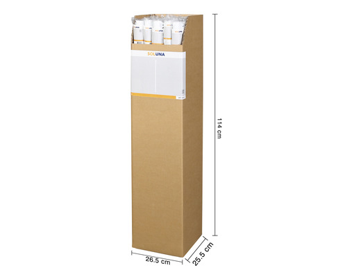 Verpackungskarton mit SOLUNA Logo, Höhe 114 cm, Tiefe 25,5 cm, Breite 26,5 cm