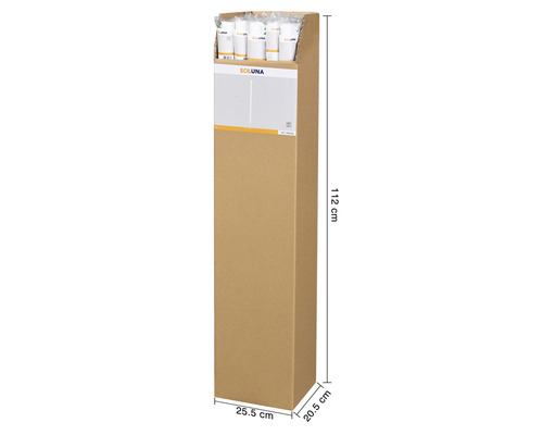 Verpackungsbox mit Soluna Produkten, Abmessungen 112 x 25,5 x 20,5 cm
