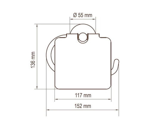 Technische Zeichnung eines Toilettenpapierhalters mit den Maßen 136 mm Höhe, 152 mm Breite und 55 mm Durchmesser