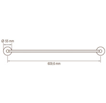 Abbildung eines Handtuchhalters mit Maßangaben: Durchmesser der Rosetten 55 mm, Gesamtlänge 609,6 mm