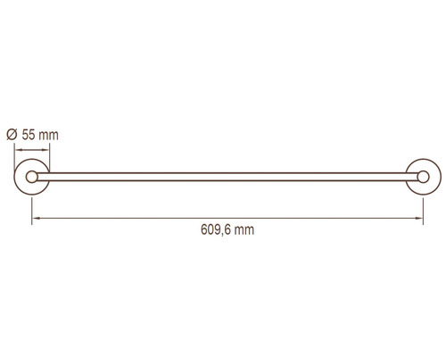 Abbildung eines Handtuchhalters mit Maßangaben: Durchmesser der Rosetten 55 mm, Gesamtlänge 609,6 mm