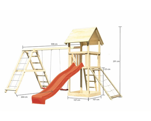 Spielturm mit Schaukel, Rutsche und Kletterelementen aus Holz mit Maßangaben