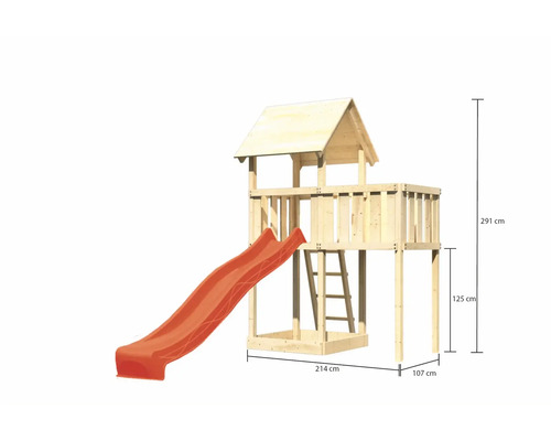 Spielturm aus Holz mit Rutsche und Leiter mit Höhenangaben