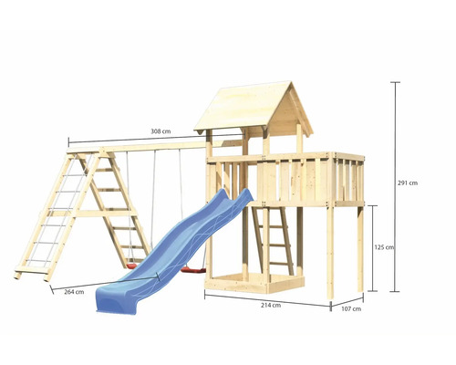 Holzspielturm mit Rutsche, Schaukel und Leiter mit Abmessungen