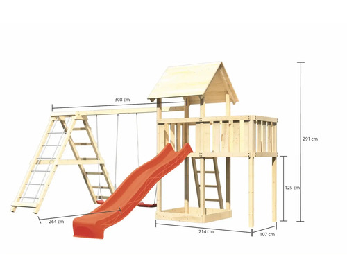 Spielturm mit Schaukel, Leiter und Rutsche mit Abmessungen
