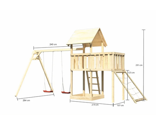 Spielturm aus Holz mit Schaukel und Kletterwand mit Maßangaben