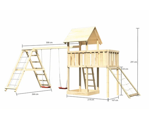 Holzspielturm mit Schaukel, Leiter und Sandkasten, Abmessungen sind dargestellt