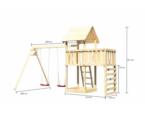 Spielturm mit Schaukel, Kletterwand und Leiter mit den Maßen 291 cm Höhe, 264 cm Breite und 214 cm Tiefe