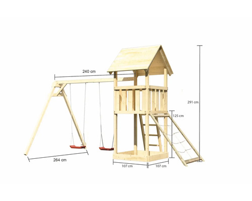 Spielturm mit Schaukel und Leiter mit Abmessungen