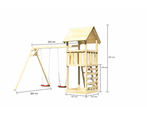Holzspielturm mit Schaukel und Kletterwand mit Maßangaben