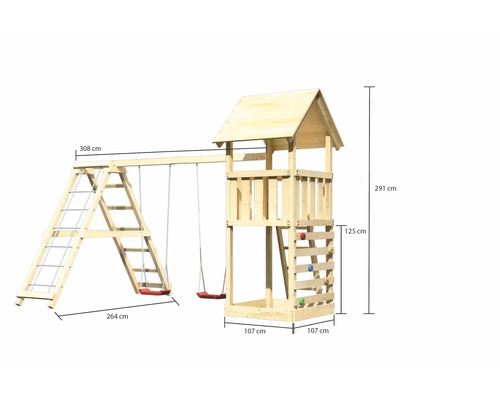 Holzspielturm mit Schaukel und Kletterwand, Abmessungen sind dargestellt