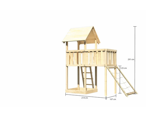 Spielturm aus Holz mit Leiter und Kletternetz, Maße 214 x 107 x 291 cm