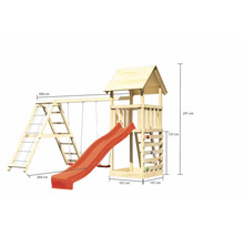 Spielturm aus Holz mit Schaukel, Rutsche und Kletterwand mit Maßangaben