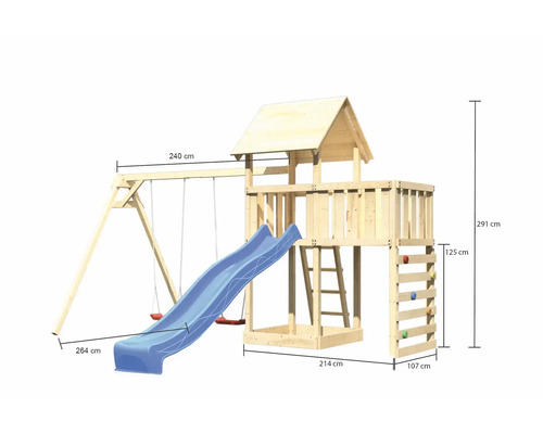 Spielturm aus Holz mit Schaukel, Rutsche und Kletterwand mit Größenangaben