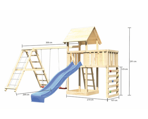 Holzspielturm mit Schaukel, Rutsche, Kletterwand und Leiter mit Maßangaben