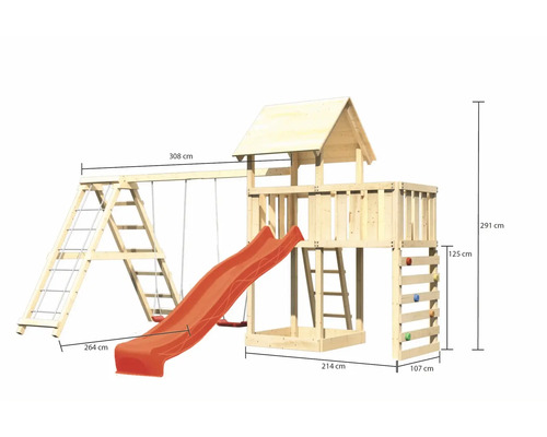 Spielplatz mit Schaukel, Rutsche, Kletterwand und Leiter mit Abmessungen.