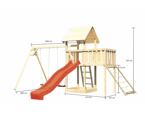 Spielturm aus Holz mit Schaukel und Rutsche, inklusive Maßangaben