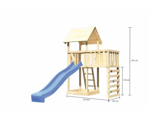 Spielturm aus Holz mit Rutsche, Leiter und Kletterwand mit Größenangaben