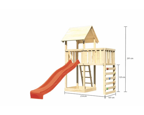 Spielturm aus Holz mit Rutsche und Kletterwand