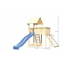 Spielturm Spielhaus Karibu Lotti 107 x 107 cm Holz bestehend aus Rutsche, Anbau, Netzrampe, blau