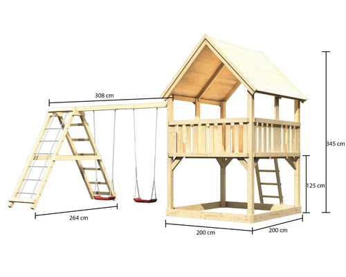 Spielturm mit Schaukel und Leiter mit Abmessungen