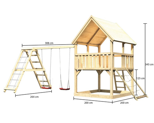 Spielturm aus Holz mit Schaukel und Kletterleiter mit Maßangaben