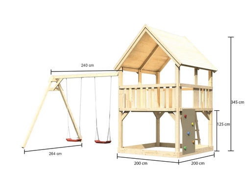 Holzspielturm mit Schaukel und Kletterwand mit Maßangaben