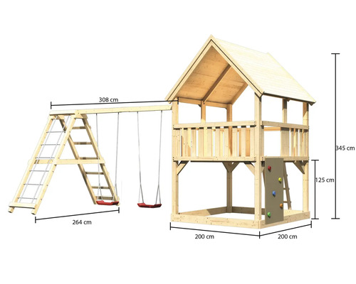 Holzspielhaus mit Schaukel, Kletterwand und Leiter inklusive Maßangaben