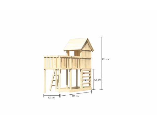 Spielturm aus Holz mit Leiter und Kletterwand sowie Maßangaben