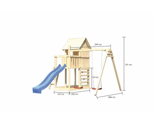 Spielturm mit Rutsche und Schaukel mit Maßangaben