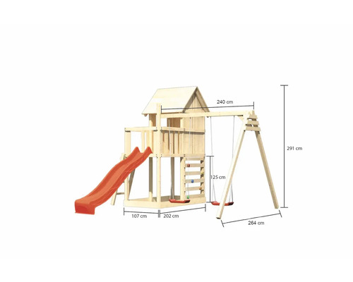 Spielturm mit Rutsche, Schaukel und Größenangaben