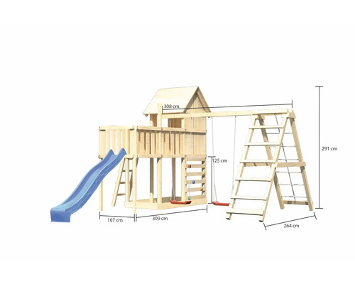 Spielturm aus Holz mit Rutsche, Schaukel und Kletterleiter mit Maßangaben