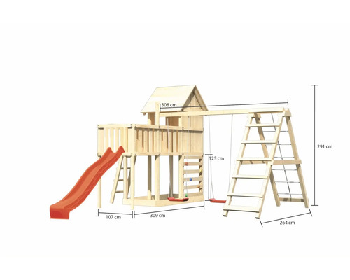 Spielturm aus Holz mit Rutsche, Schaukel und Kletterleiter mit Größenangaben.