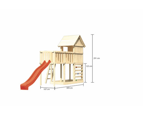 Spielturm aus Holz mit Rutsche und Kletterwand, Maße 309 x 107 x 291 cm
