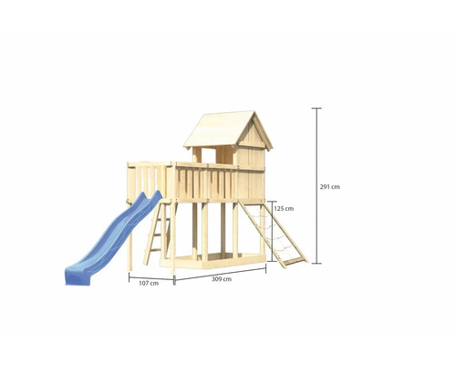 Spielturm aus Holz mit Rutsche, Leiter und Kletternetz sowie Maßangaben