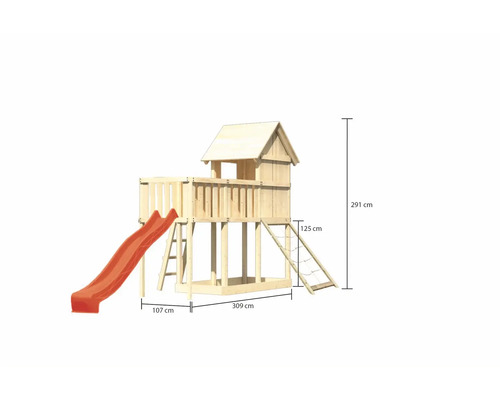 Spielturm mit Rutsche, Kletterwand und Sandkasten aus Holz mit den Massen 309 cm x 107 cm x 291 cm