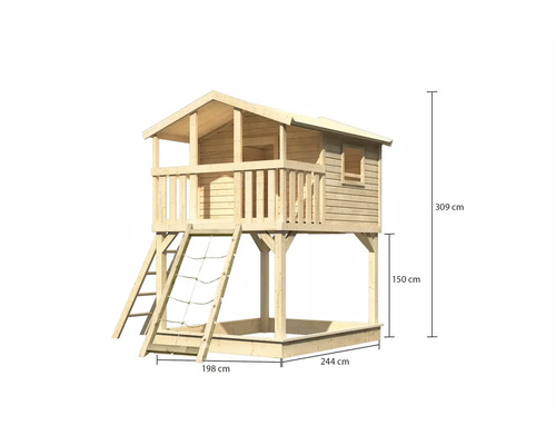 Spielhaus aus Holz mit Sandkasten und Leiter. Abmessungen: 309 cm Höhe, 244 cm Breite, 198 cm Tiefe.
