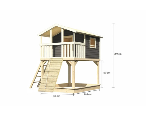 Spielhaus mit Sandkasten und den Maßen 198 cm, 244 cm, 150 cm und 309 cm.
